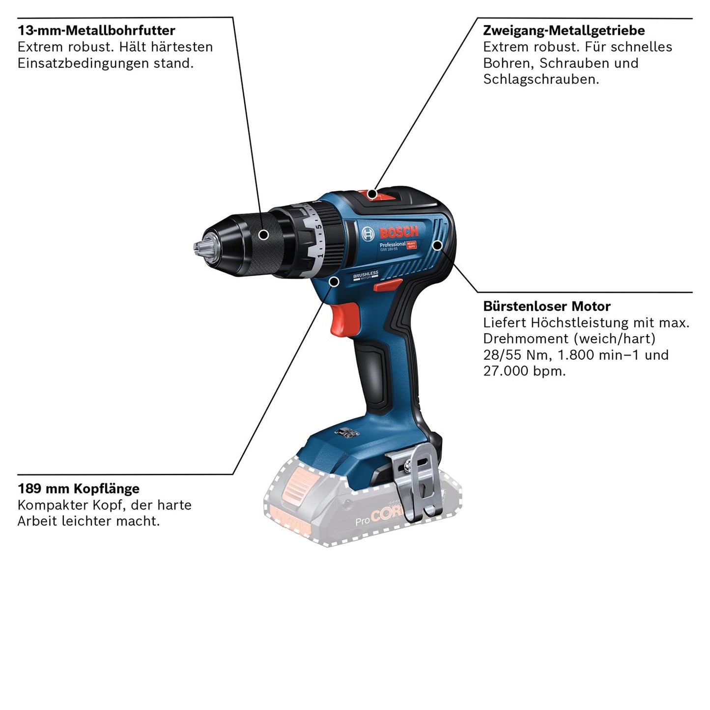 Bosch Professional 18V System Akku Schlagbohrschrauber GSB 18V-55 (max. Drehmoment 55 Nm, inkl. 2x 2.0Ah Akku, Ladegerät, 35tlg. Impact Zubehör Set, L-Case) - Amazon Exclusive Set Set