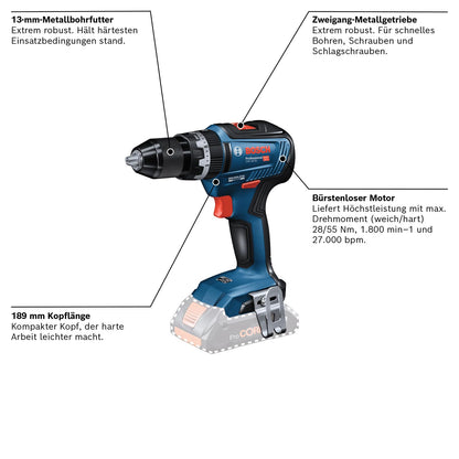 Bosch Professional 18V System Akku Schlagbohrschrauber GSB 18V-55 (max. Drehmoment 55 Nm, inkl. 2x 2.0Ah Akku, Ladegerät, 35tlg. Impact Zubehör Set, L-Case) - Amazon Exclusive Set Set